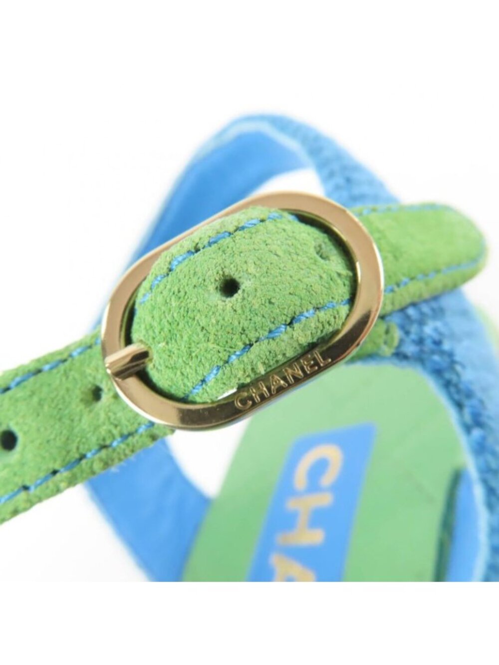 Chanel CC Logo Ankle Strap Wedge Sole Sandals Blue Green 35 - Picture 8 of 11